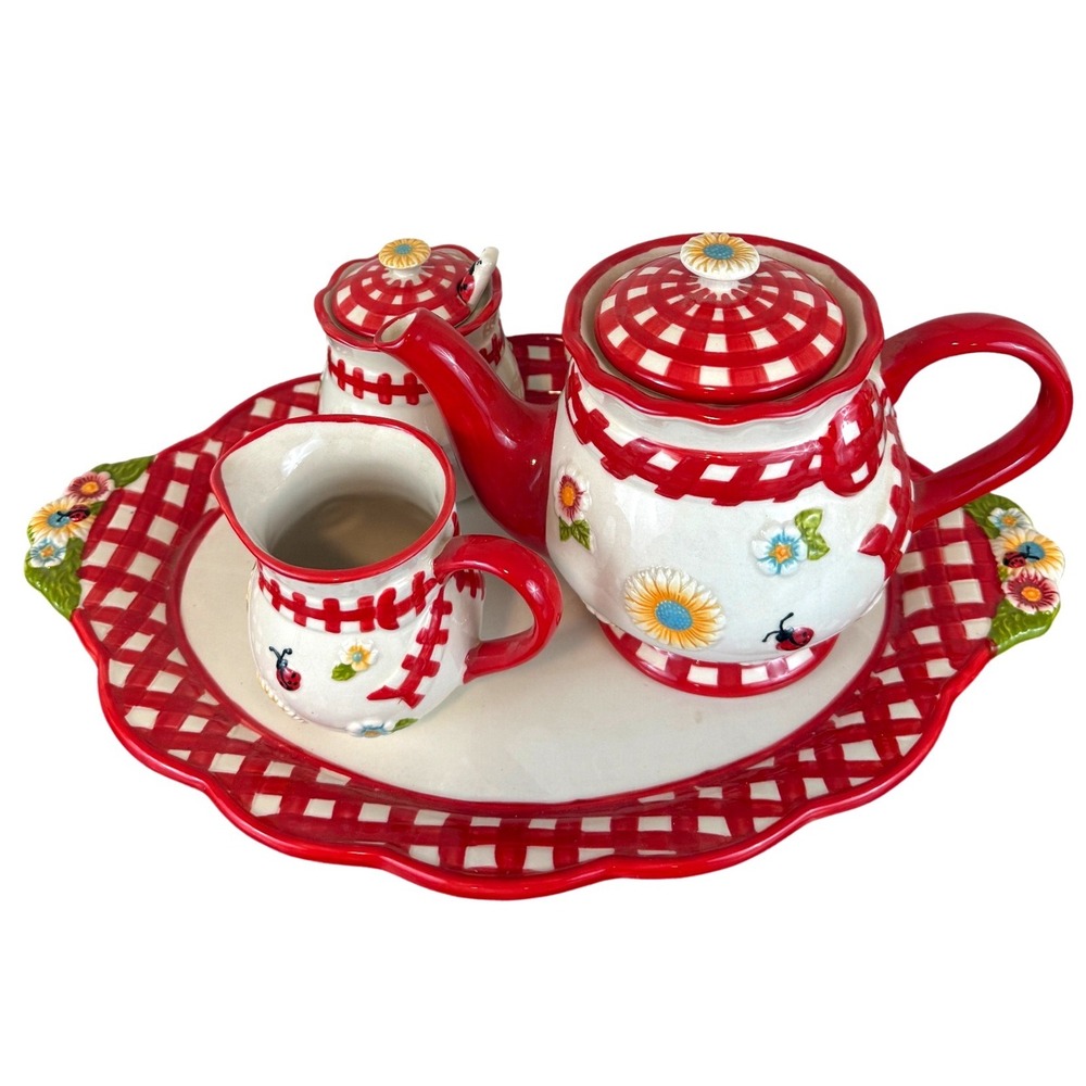 Temp-tations‎ by Tara Gingham Garden Red Teapot Sugar Creamer Platter Set!